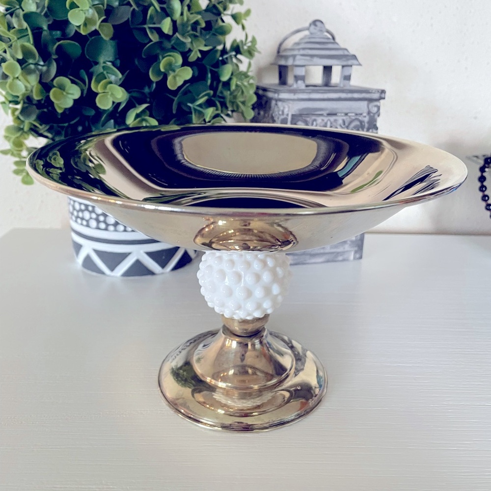 Brass Pedestal Bowl With Hobnail Milk Glass-Mid Century Decor-1950s Nostalgia